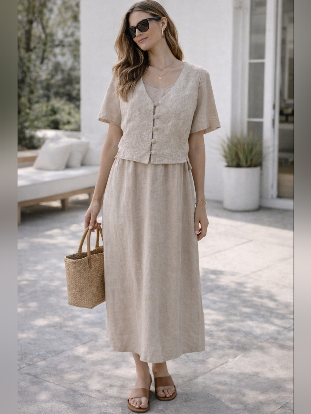Carol Anderson California Linen Blend Dress Size 6 Textured Button Front Ves - Picture 1 of 10